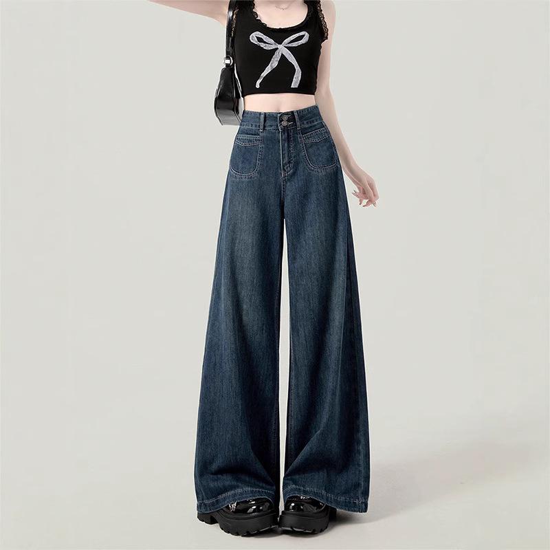 

Dark Blue Plus Size High-Waist Wide Leg Jeans for Women - Floor-Length, Loose Fit, Trendy Spring and Autumn Style. Small