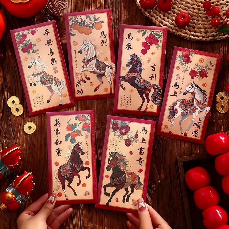 6Pcs 2026 Horse Year Red Envelopes Chinese Style Blessing Lucky Money Envelopes Traditional Cartoon Red Packets