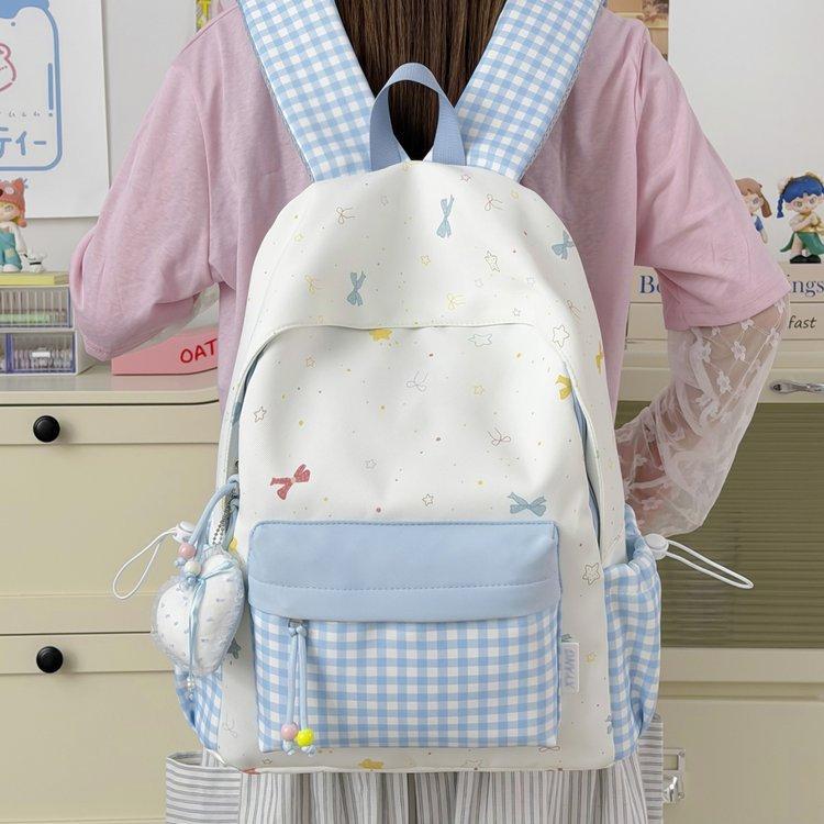 Schoolbag plaid splicing small fresh star bow floral schoolbag college style middle school student large capacity simple backpack