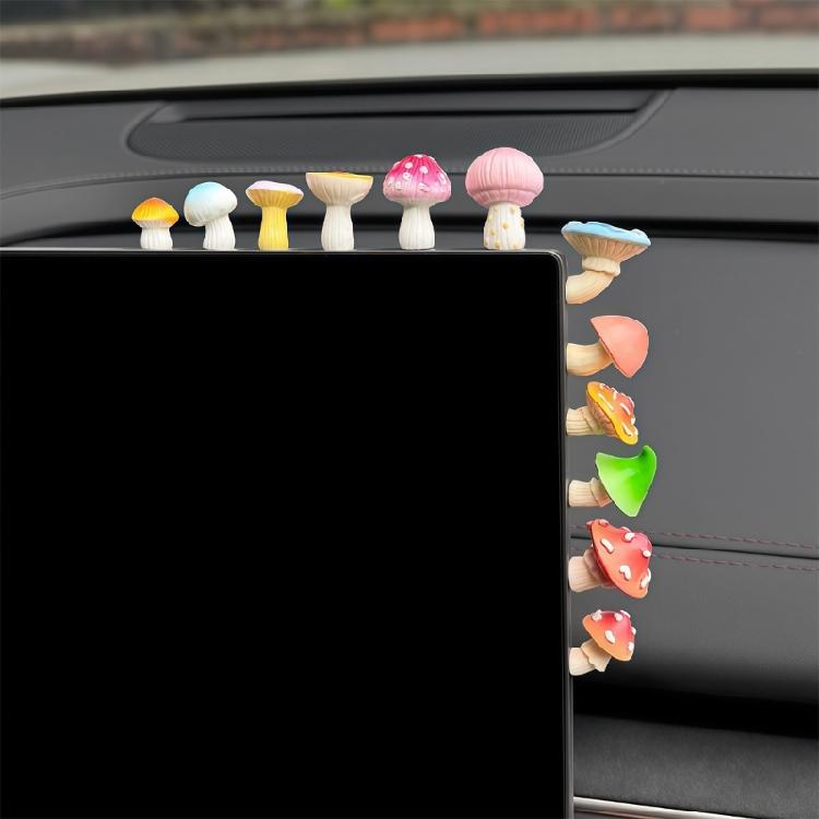 Set of 6 Cute Small Mushroom Resin Figurines Car Interior Decors For Dashboard Rearview Mirror Or Window Decoration