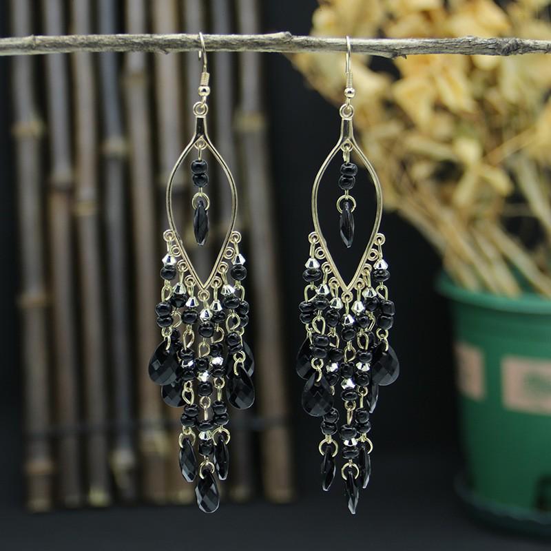 Bohemian Crystal Tassel Earrings - Ethnic Style, Slim Face, Exaggerated Design for Travel