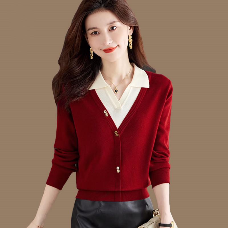 Women's 2025 Spring/Autumn Color Block Knit Sweater – Long Sleeve, Loose Fit, Korean Style