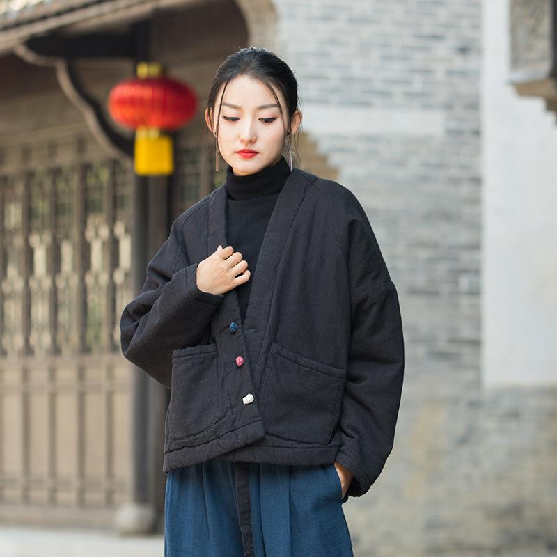 

Зимняя хлопково-льняная женская литературная ретро стеганая блузка с дисковой застежкой, женская теплая короткая куртка на хлопковой подкладке из рами onesize