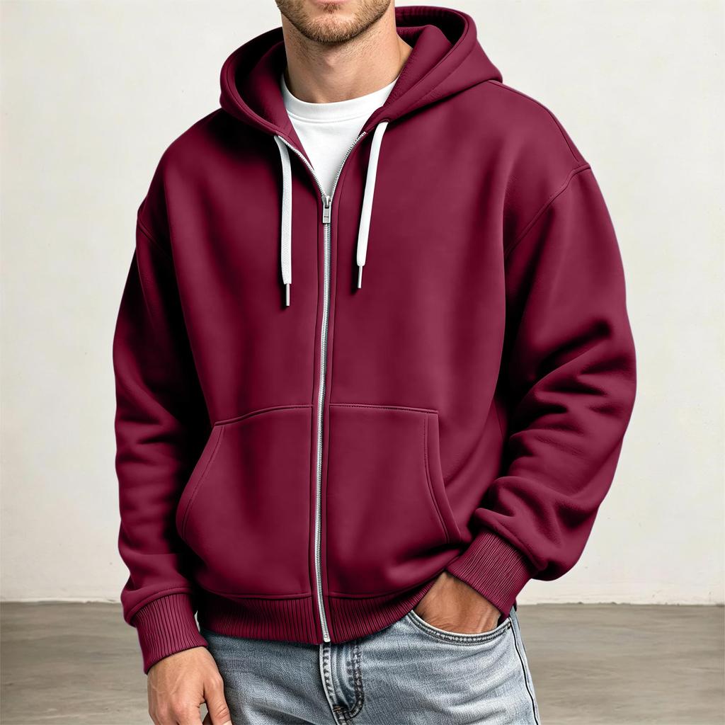 Men's Full Zip Hoodie Drop Shoulder Sleeves, Casual Long Sleeve Sweatshirt for Everyday Wear