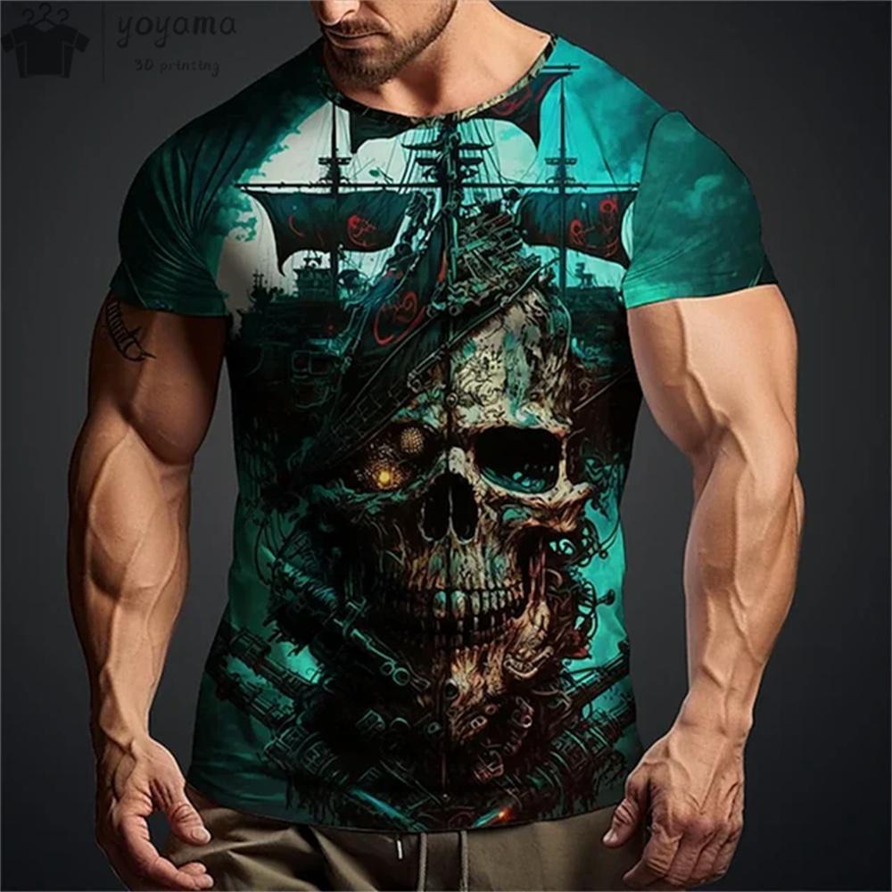 Summer Round Neck 3D Vintage Horror Skull Pattern Print Top Fashionable Casual Short Sleeved Men's T-shirts