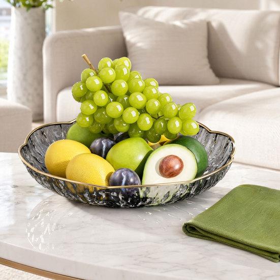 Plastic Fruit Bowl with Gold Trim, Clear Fruit Basket, Modern Decorative Serving Bowl for Kitchen Counter, Dining Room, Coffee Table