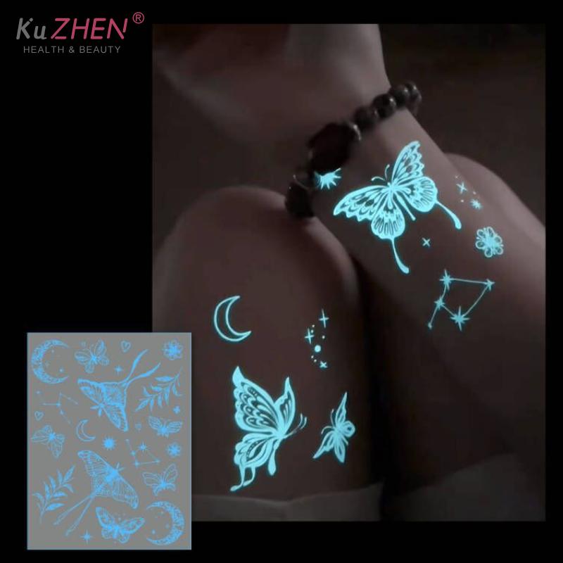 1/6Sheet Large Blue Luminous Butterfly Tattoo Stickers Women Glow In The Dark Waterproof Temporary Tattoo Music Festival Party