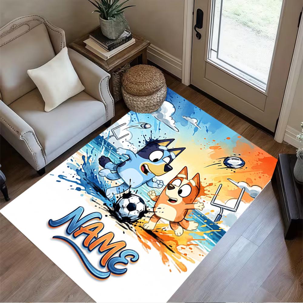 Bluey Soccer Adventure Customizable Name Area Rug Design for Playrooms Kitchen Entryway Outdoor Antislip Carpet Anime Office Decor