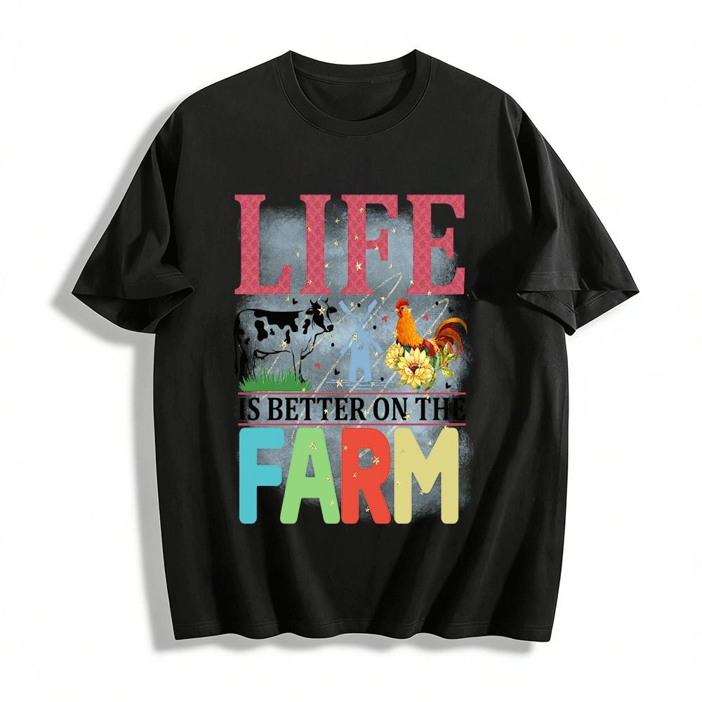 Life Is Better On The Farm Graphic Tee Farm Animal Print Top Pure cotton T-shirt XXS