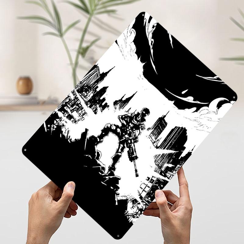 Futuristic Soldier in Ruined Cityscape Printed Poster Customized Wall Art Retro Vintage Metal Tin Signs for Luxury Home Decor