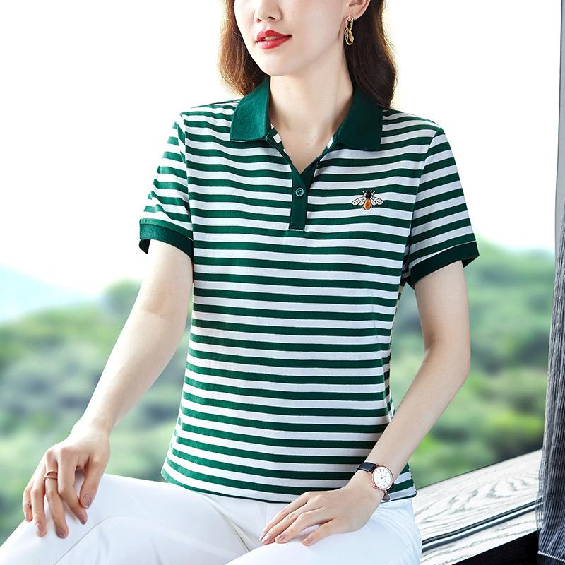 

YYFS Женская мода Повседневная Лето Весна Полосатый Принт Короткий рукав Воротник ПОЛО Блузки и Рубашки XL