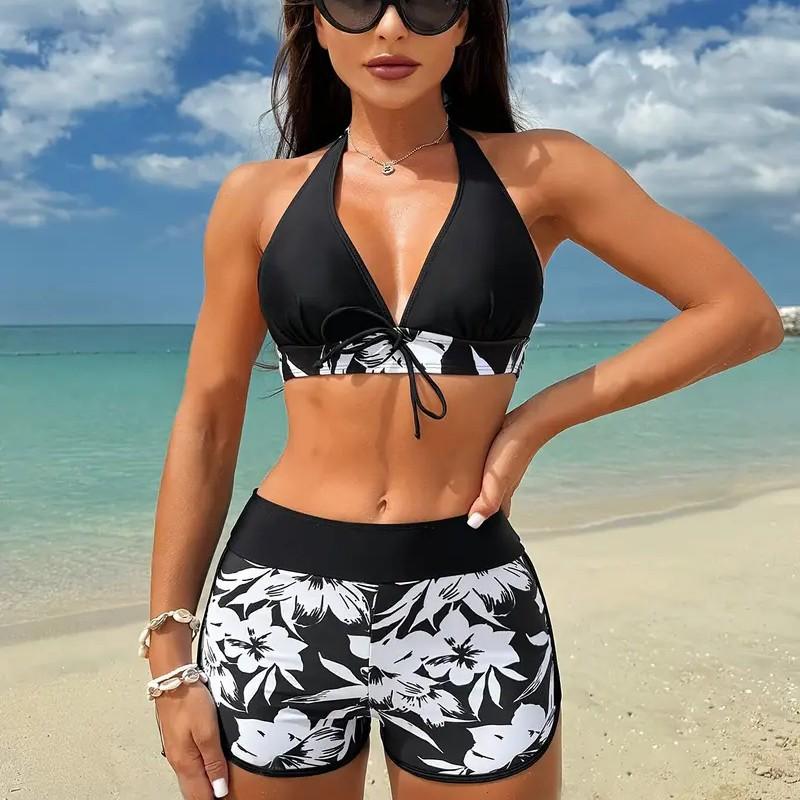 New fashion printed neck strap sexy leak back boxers women's split two-piece swimsuit