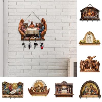Wooden Christian Key Holder 2D Flat Jesus Communion Art Keychain Rack with 4 Hooks Religious Wall