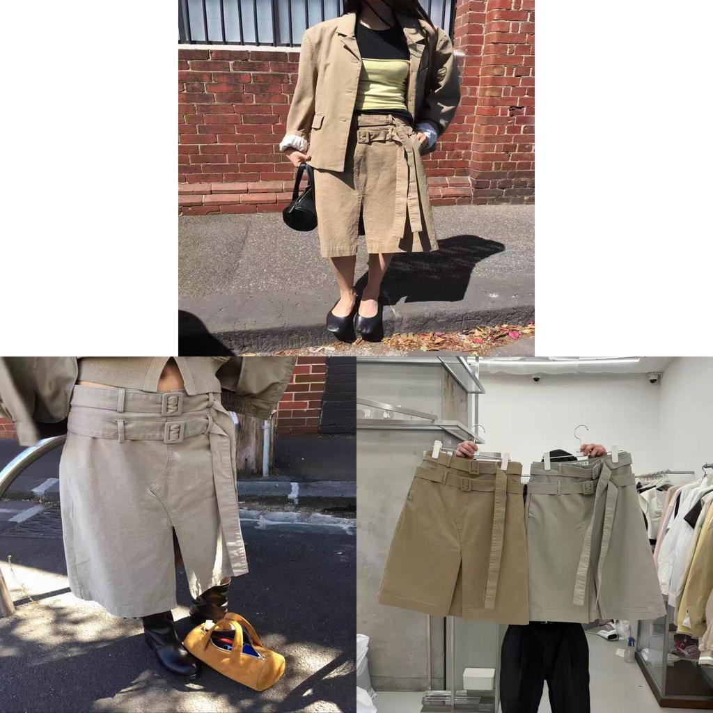 Vintage Korean Spring Skirt With Irregular Split And Double Waist Belt For Casual Wear
