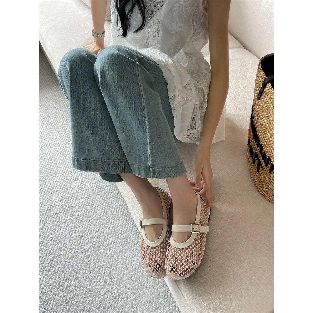 Eilyken Summer Women Cosy Mesh Flat Heels Shoes Round Toe Buckle Strap Casual Ladies Sandals