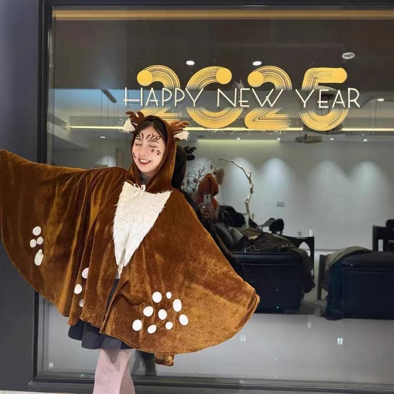 Christmas Elk Cape Hooded Set Cosplay Costume Witch Shawl Deer Cape Headdress Antler Headband