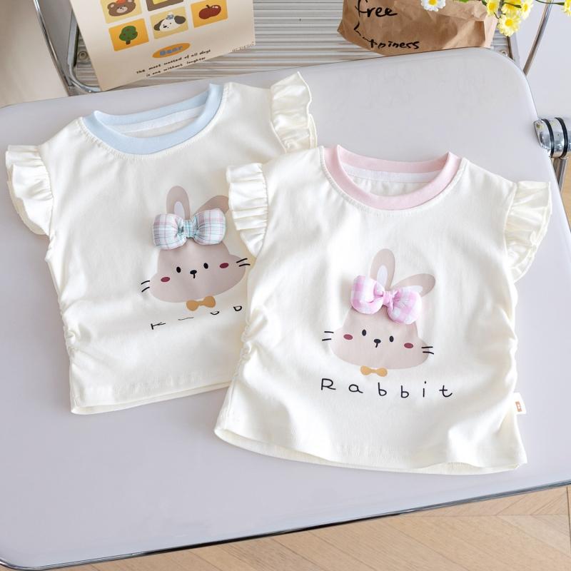 Summer Girls' Cotton T-shirt Cartoon Rabbit Printed Round Neck Flying Sleeve Vest Top Baby Girls Sweet Bow Loose T-shirts