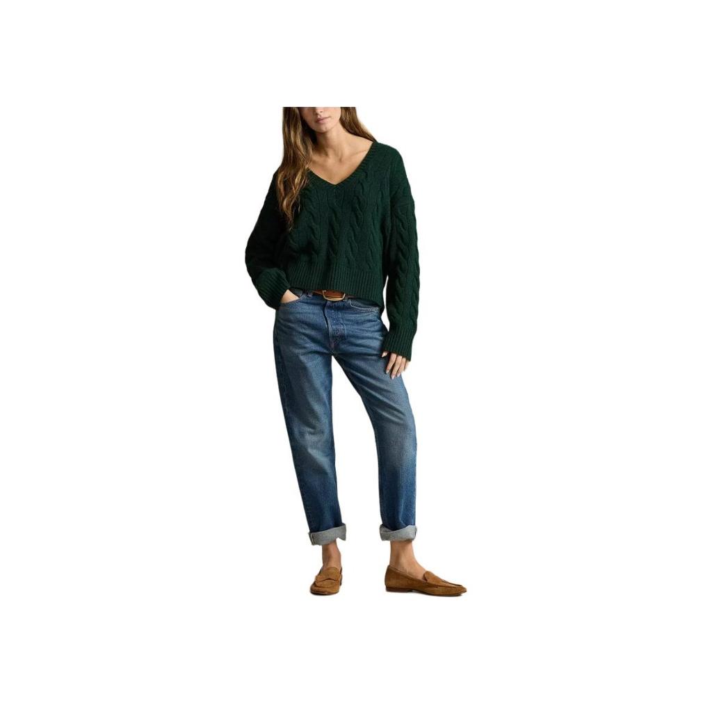 Polo Ralph Lauren Knit Cable V-Neck Long Sleeve Sweater Women sweater Dark-Green 211941579-002