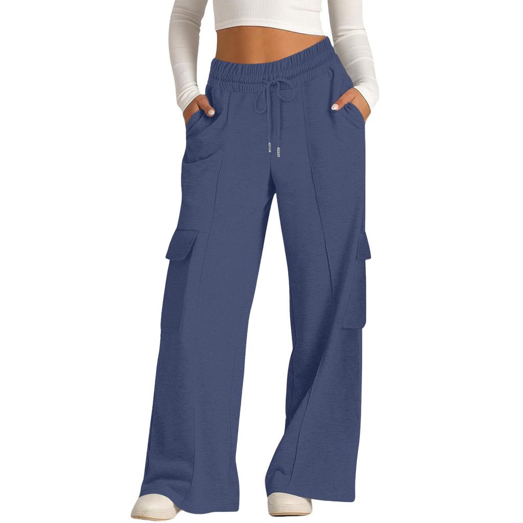 Women's Casual Fashion Color Elastic Waist Drawstring Workwear Wide Leg Pants With Pockets