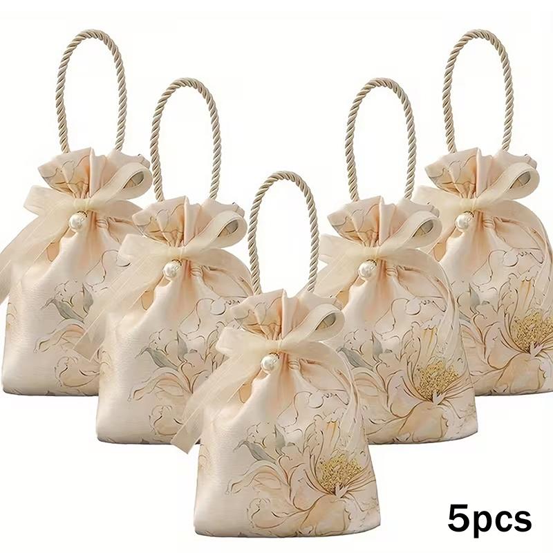 5 Pieces Elegant Floral Drawstring Gift Bags With Pearl Embellishments And Ribbon - Perfect For Weddings, Birthdays, Holidays