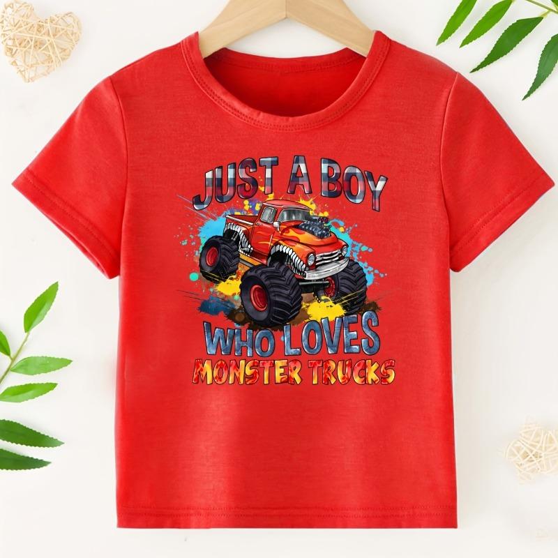 JUST A BOY WHO LOVES MONSTER TRUCKS" Truck Print Cool and Stylish T-Shirt