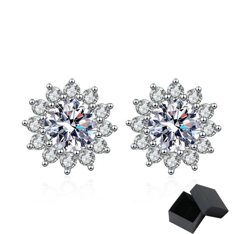 D Color 1ct Certified Moissanite Stud Earrings for Women Sun Flower Wedding Jewelry Brilliant Halo Simulated Diamond Stud