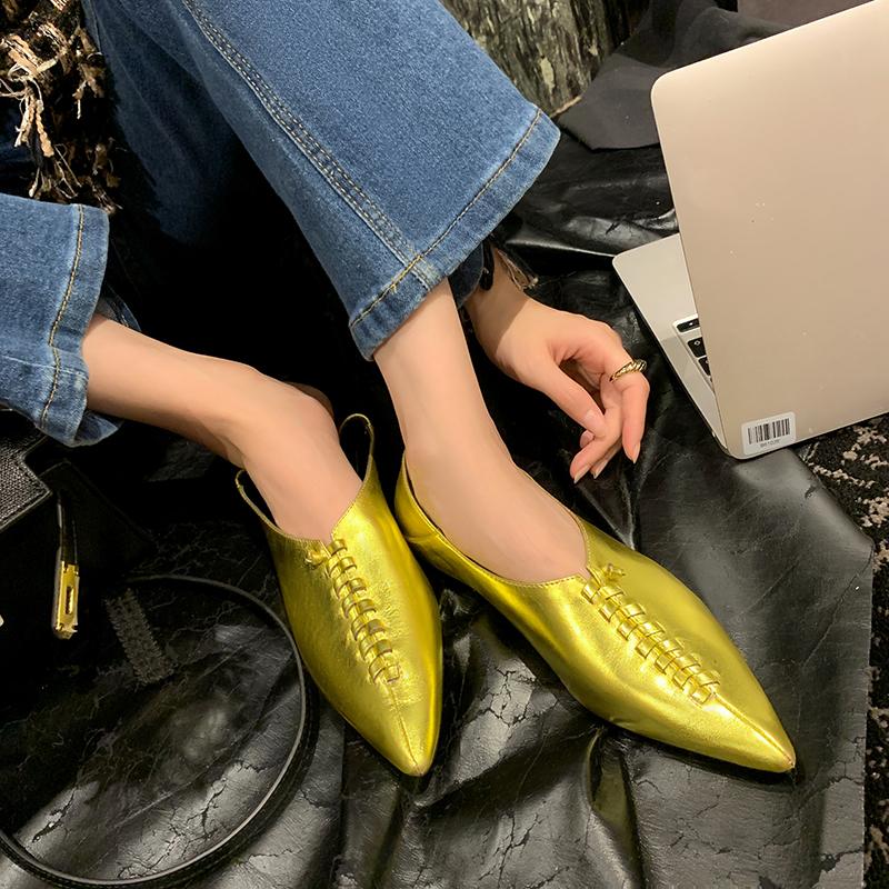 Fashion 2025 New Spring Pointed Toe Flat Heel Flats Genuine Leather Shoes for Women Concise Slip-on Handmade Women Mules Ladies Shoes