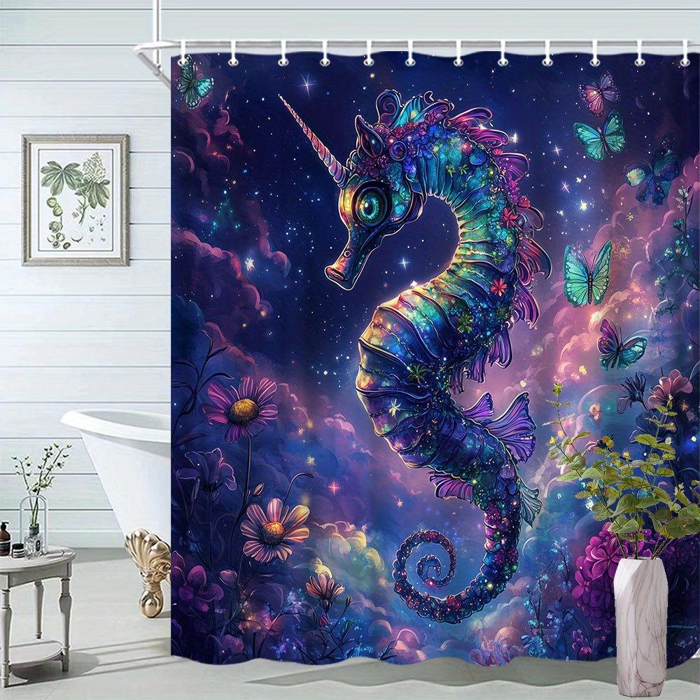 Magical Seahorse Print Waterproof Shower Curtain For Bathroom,Vibrant Floral &Butterfly Design High-End Toilet Partition Curtain