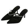Europe, America 2025 Summer New Large Size Women's Shoes Casual Rhinestone Pointed Bag Head Thin Heel High Heel Slippers Women