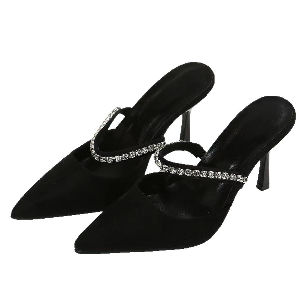 Europe, America 2025 Summer New Large Size Women's Shoes Casual Rhinestone Pointed Bag Head Thin Heel High Heel Slippers Women