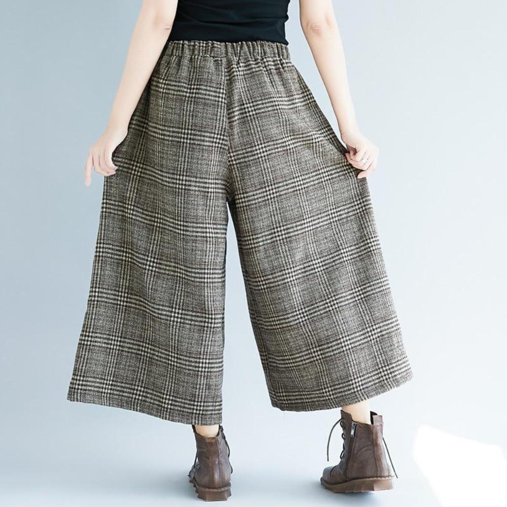 Johnature Casual Wide Leg Loose Plaid Women Pants Elastic Waist Calf Length Office Lady Women Pants
