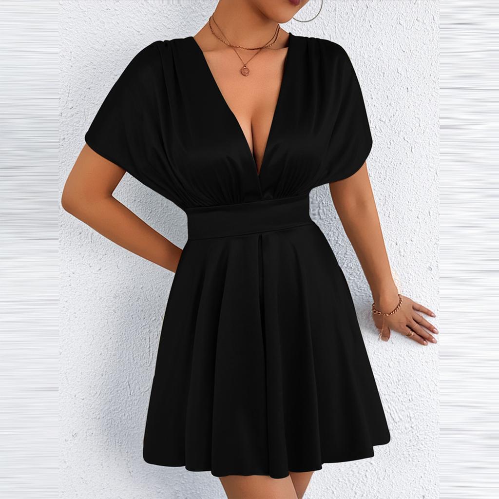 Women’s Fashionable Casual V Neck Dress with Short Sleeve Loose Fit and Waistband Design for Elegant Everyday Wear