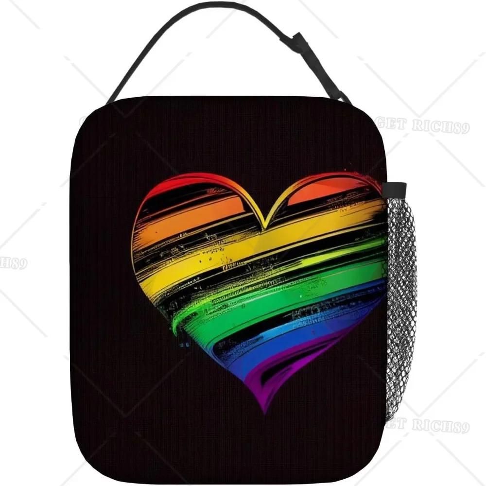 Regenbogenflagge Herz auf Schwarzem Hintergrund Tragbare Lunchtasche für Damen Herren Isoliert Wiederverwendbare Box für Büroarbeit Picknick Strand
