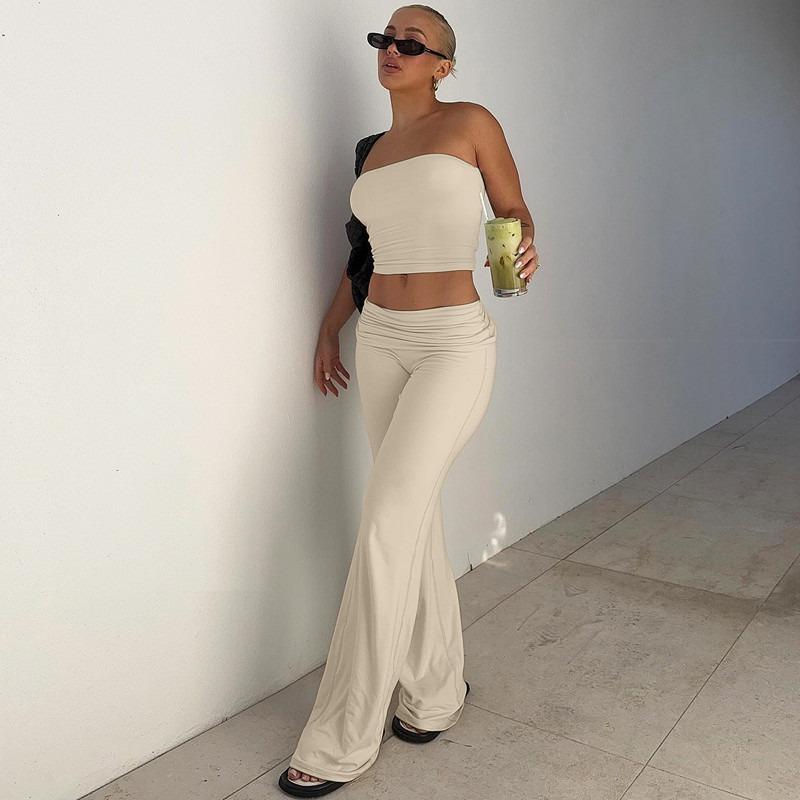 Women Casual Solid Strapless Sleeveless Top Flared Pants Two Piece Set