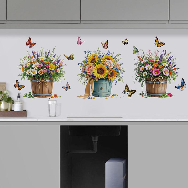 3D Wooden Barrel Wall Sticker Flower Decoration Butterfly Lavender Rose Tile Sticker Kitchen Restaurant Background Home Decor Peel and Stick