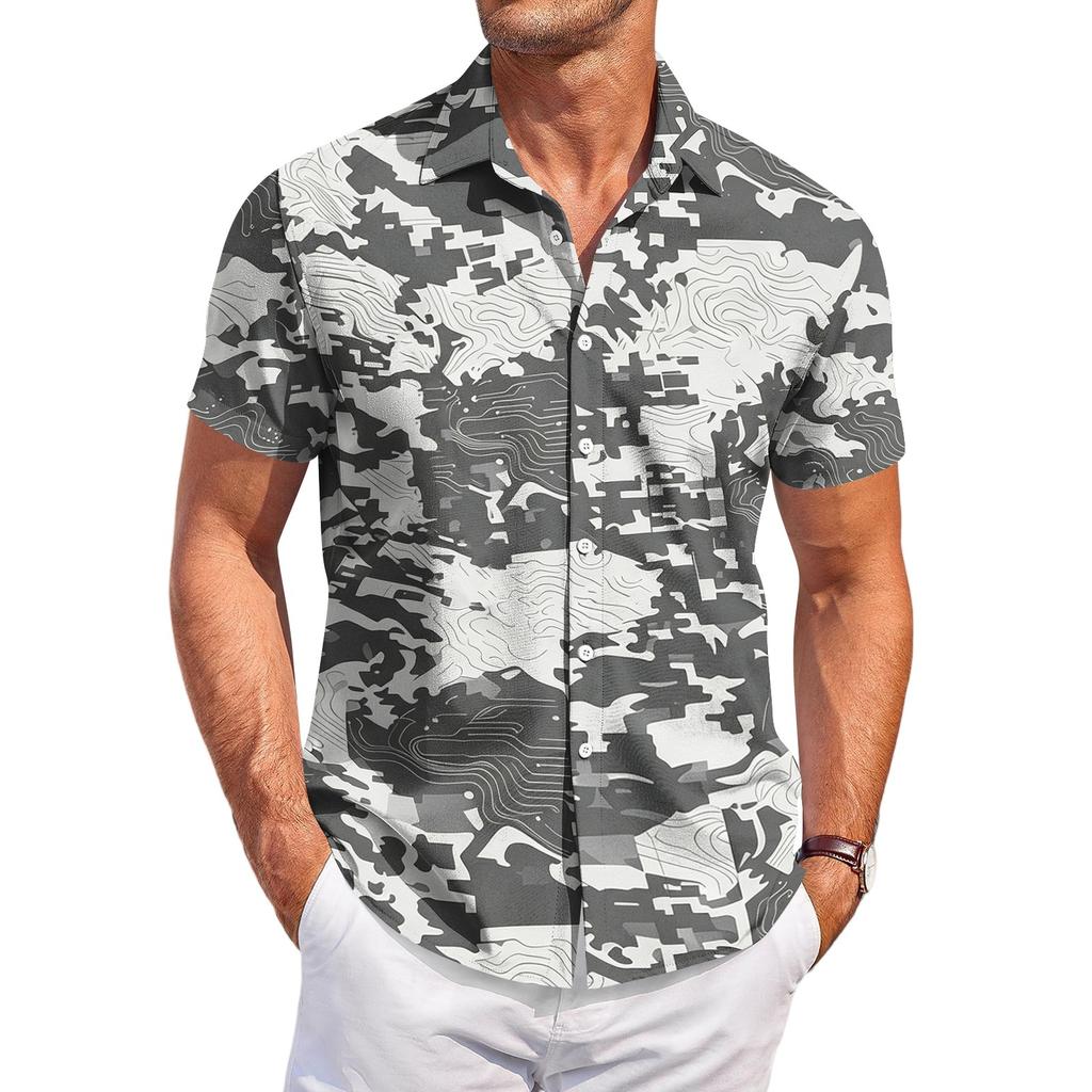 Camisa Casual de Manga Corta con Estampado de Camuflaje para Hombre, Moda Ligera de Botones, Top de Verano para Exteriores Ajustado para Uso Diario