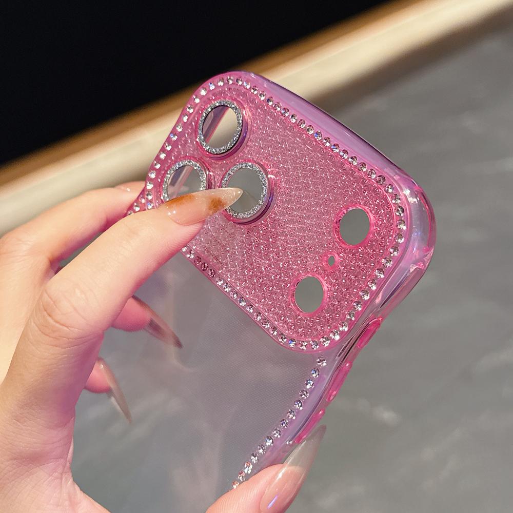 KEYSION Rhinestone Phone Case for iPhone 13 14 15 16 17 Pro Max 17 Air 16 Plus Transparent Wavy Lens Protector Shockproof Back Cover