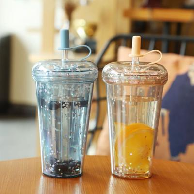 Leak-proof Iced Coffee Cup Reusable Straight Pipette Cup with Built-in Straws Double Wall