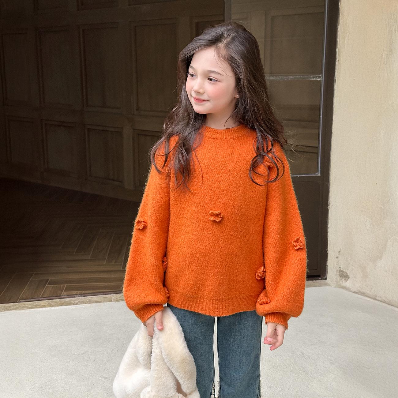 

Yuchen Kids Floral Knit Sweater - Winter 2025 Gentle Style for Girls Size 100 оранжевый