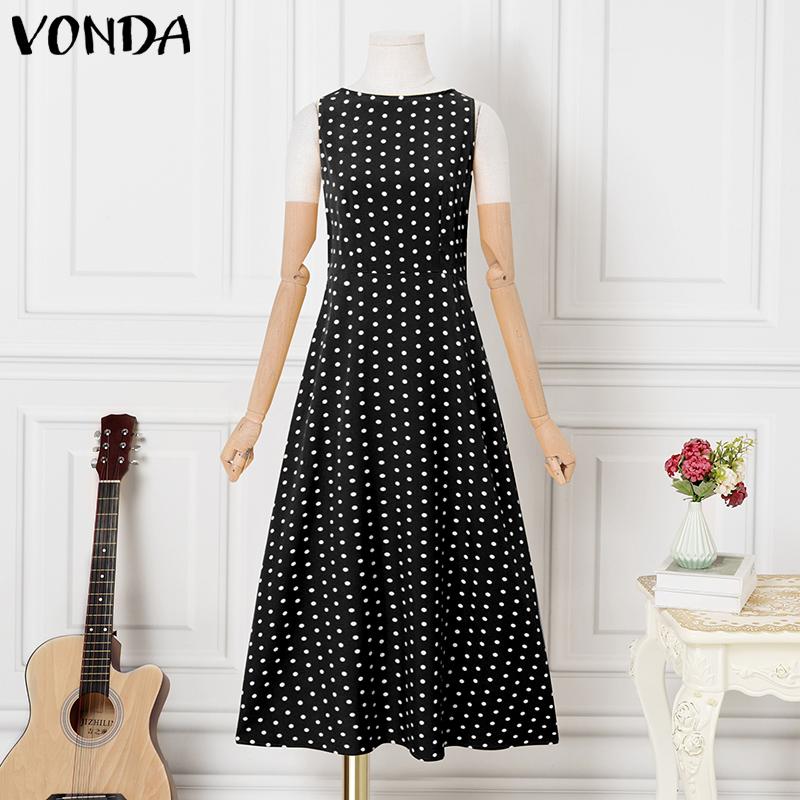 

VONDA Women Elegant Sleeveless Polka Dots Backless Casual Pleated Maxi Dress M