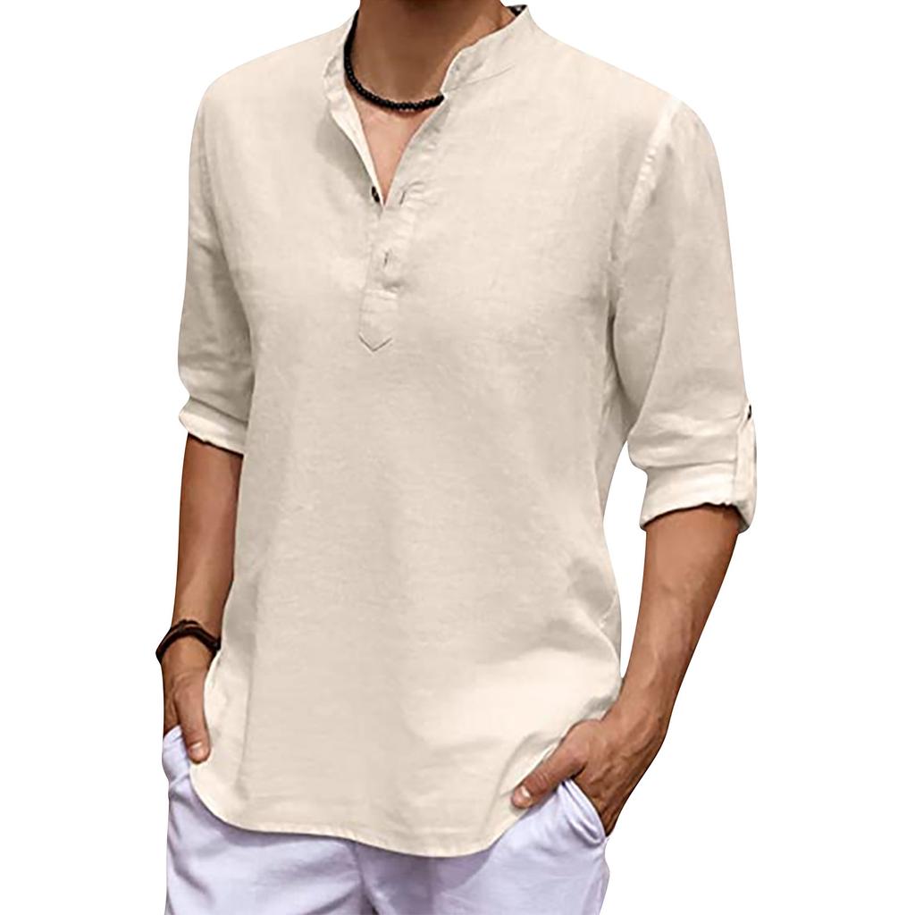 Designer Spring Summer Men's Casual Cotton Linen Color Long Sleeve Shirts Loose Stand Collar Shirts