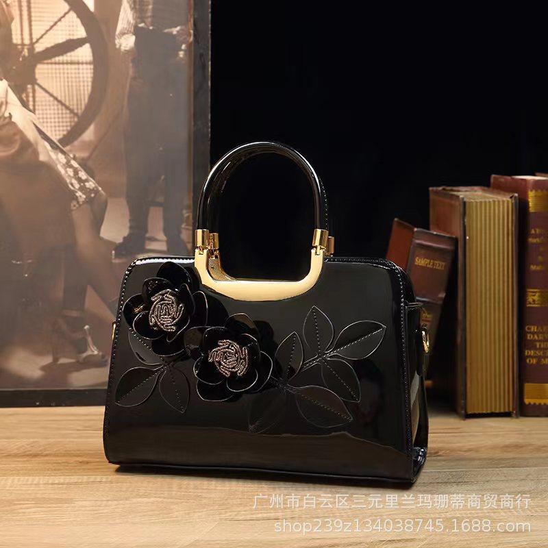 Solid Color Handmade 3D Embroidery Handbag Cross-Border Foreign Trade Exclusive Glossy Patent Leather Shoulder Tote Bag Crossbody Bag