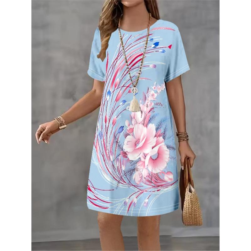 

Women s Summer Flower Printed Short Sleeve Round Neck Dress 2025 Fashion New Style Design Sense Elegant Women s Mini Dress S