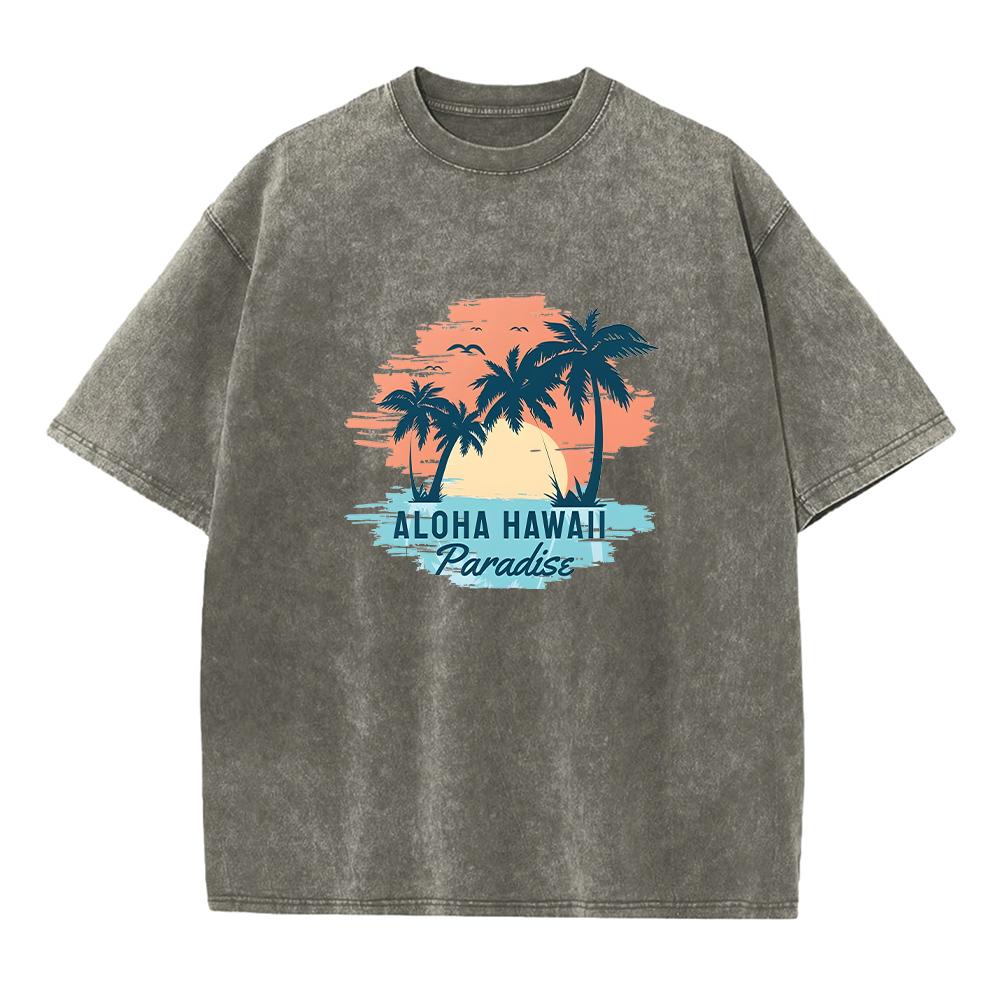 Mens Distressed Washed T Shirt With HAWAII Coconut Tree Print Pure Cotton Short Sleeve Vacation Style Casual Loose Fit Top