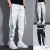 Men Cargo Pants Strap Decor Multi Pockets Loose Elastic Waist Ankle-banded Color Matching Hip Hop Streetwear Work Outdoor Trousers