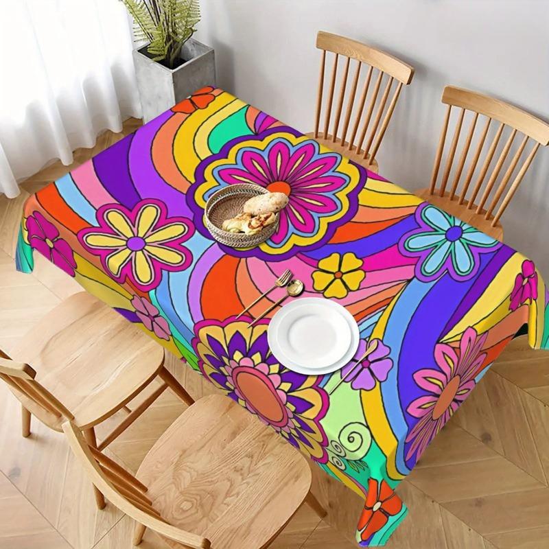 Flowers Rainbow Rectangle Table Cloth for Table Decor Holiday Party Waterproof Reusable Tablecloth for Tables Kitchen Dining