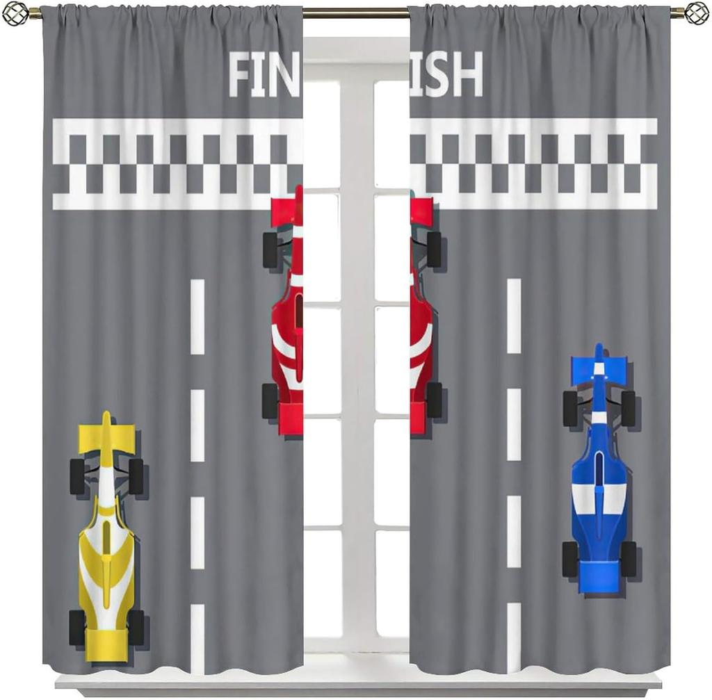 Racing Car Kids Curtains Checkered Flag Abstract Red Background Decoration Bedroom Living Room Kitchen Curtain Light Blocking Polyester Ideal For Area