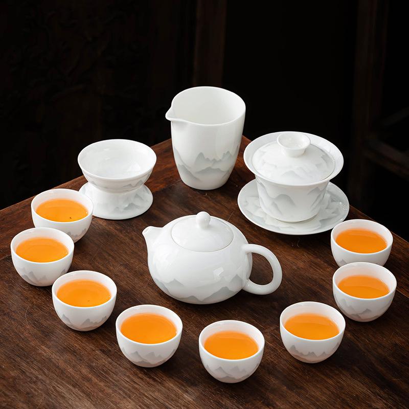 Chinese ink and wash Dehua white porcelain Kung Fu tea set business office gift box suet jade business gifts can be customized