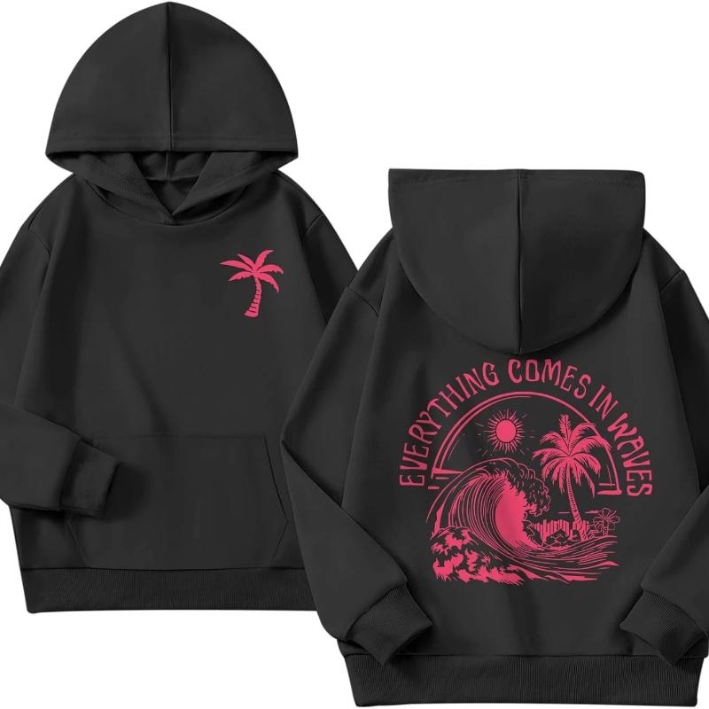 

KIEKIECOO Girl Palm Pattern Hoodie Beach Cute Hoodie with Pocket Preppy Sweatshirt Ocean Hoodie Long Sleeve Top XS чёрный