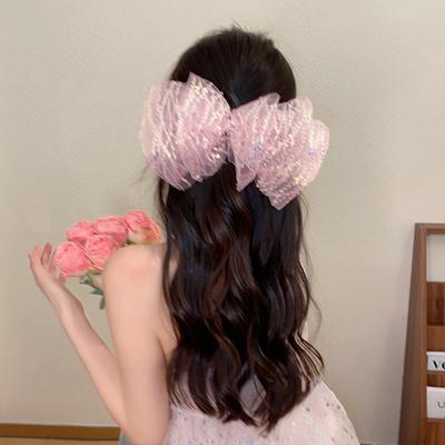 Fish Scale Sequins~ Super Fairy Mesh Bow Hairpin Women's Back Head Disc Hair Spring Clip High Ponytail Clip Headdress